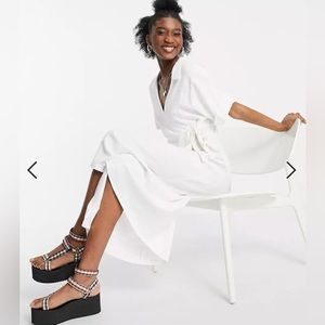 ASOS DESIGN linen wrap midi dress in ivory